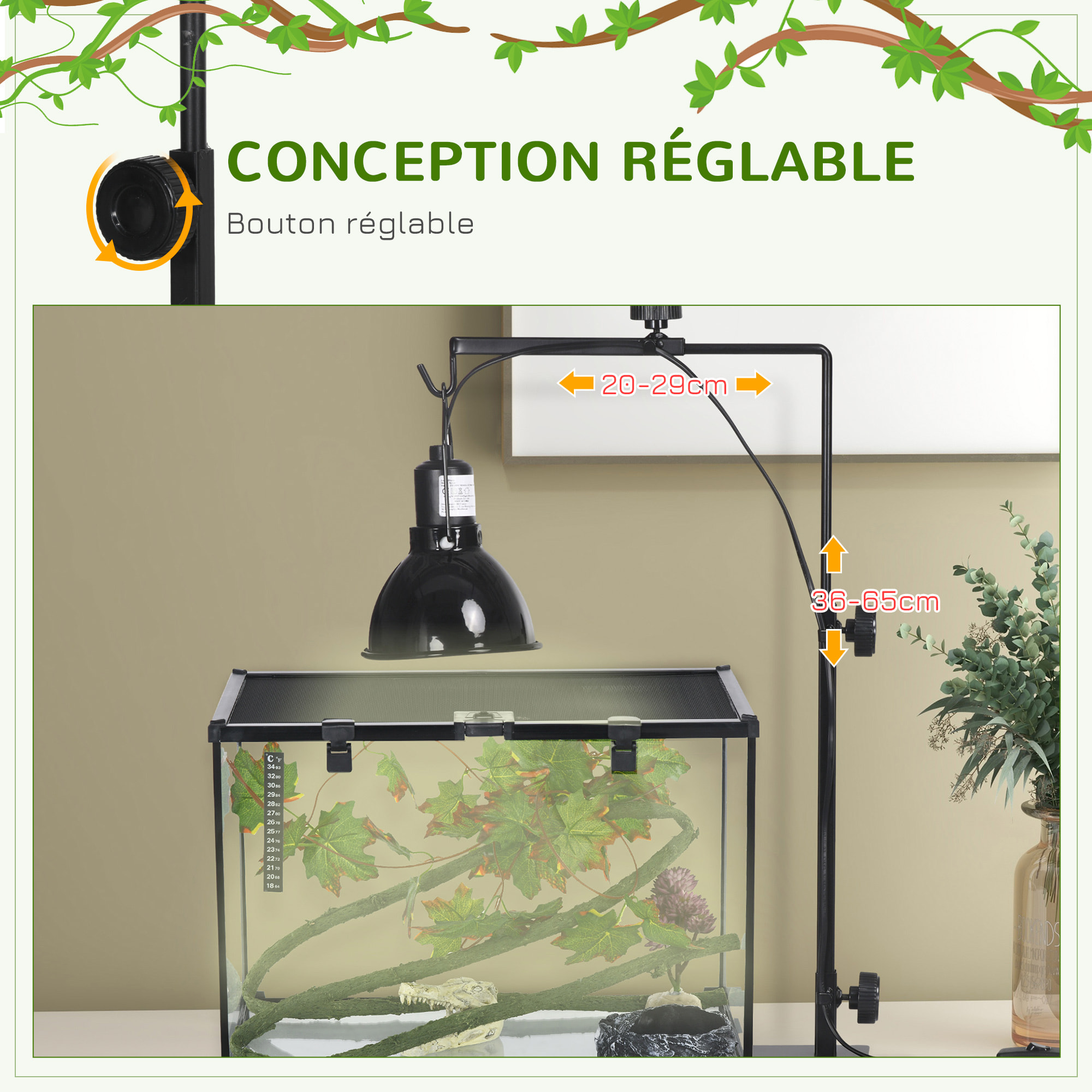 Support de lampe chauffante pour reptile - hauteur largeur réglables - acier noir