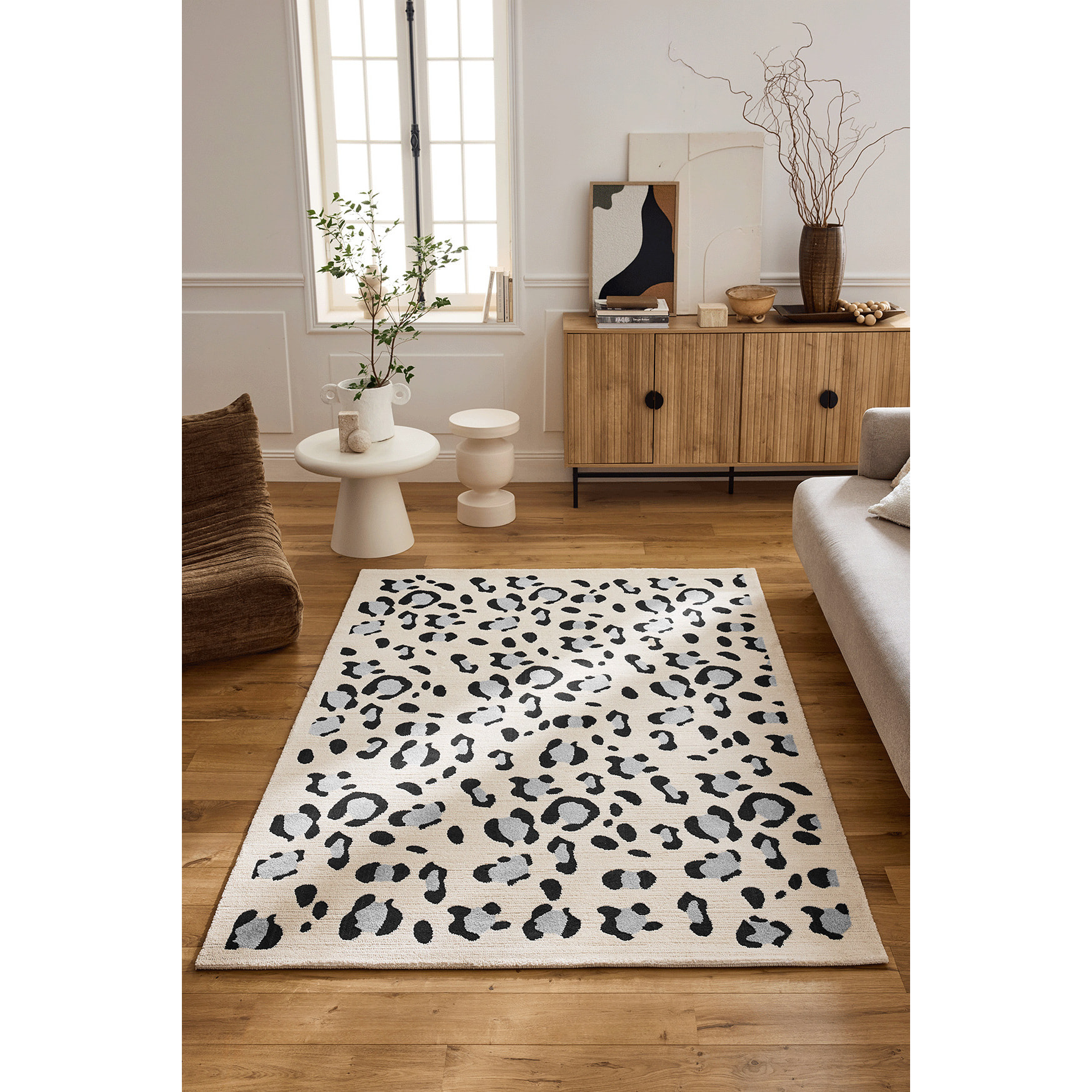 LEOVAH - Tapis salon motif léopard crème