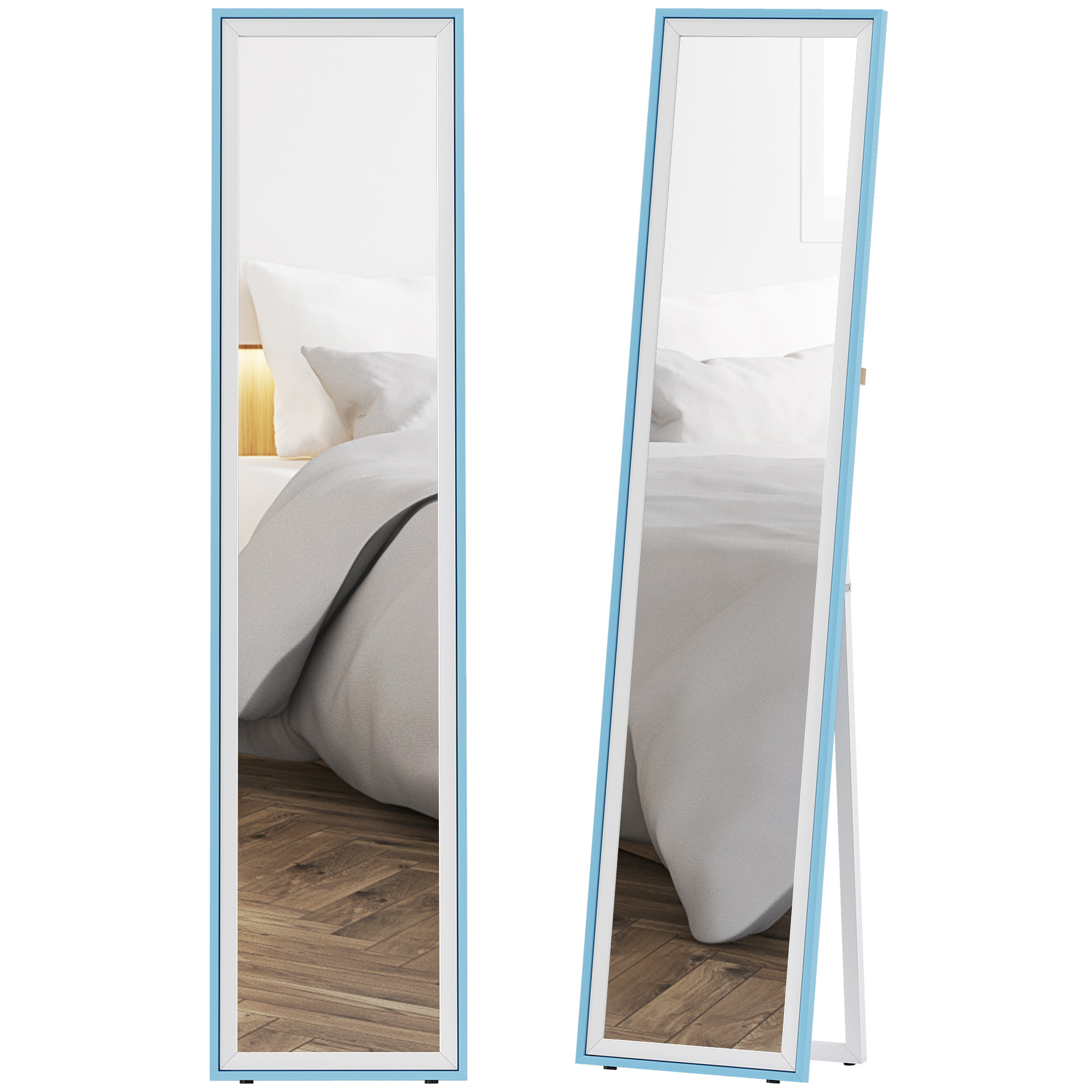 Espejo de Pie Cuerpo Entero 157x37 cm, Espejo Grande de Pared con Marco Bicolor, de Pie, Inclinado o Colgante, para Salón, Dormitorio, Pasillo, Entrada, Blanco y Azul