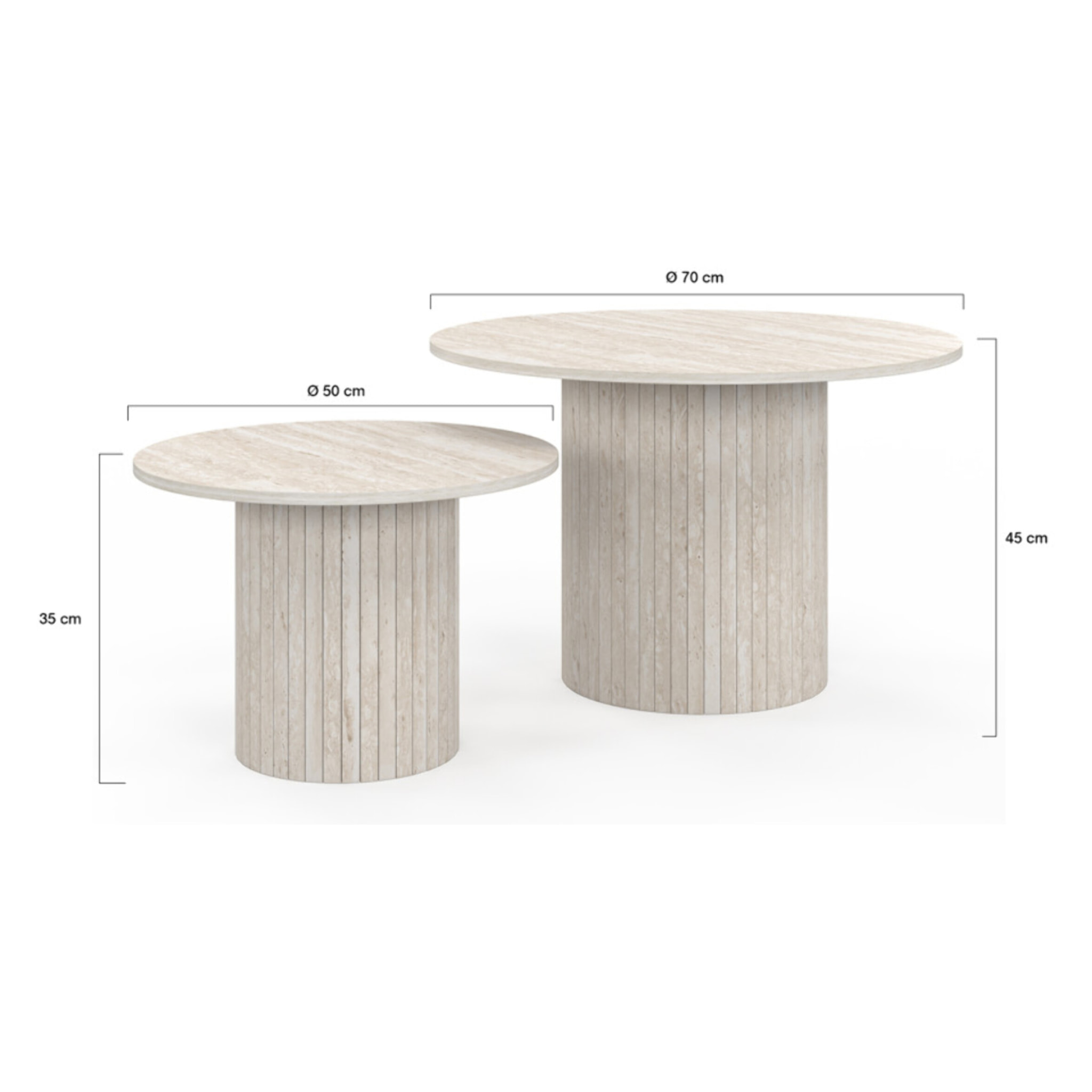 Tables basses rondes gigognes Alvar effet travertin et pieds lattes - lot de 2