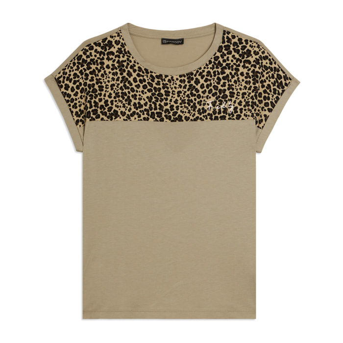 T-shirt Manica Corta con Dettaglio Animalier sulle Spalle