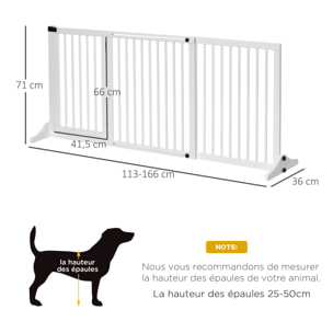 Barrière de sécurité chien barrière autoportante longueur réglable porte verrouillable intégrée dim. 113-166L x 36l x 71H cm sapin blanc