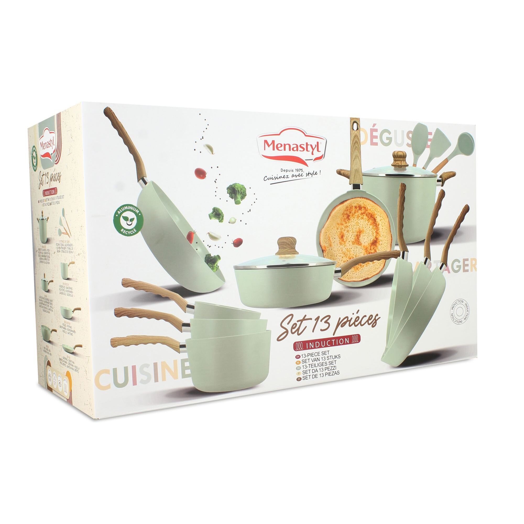 Batterie de cuisine 13 pièces en aluminium recyclé celadon - tout feux COLORAMA