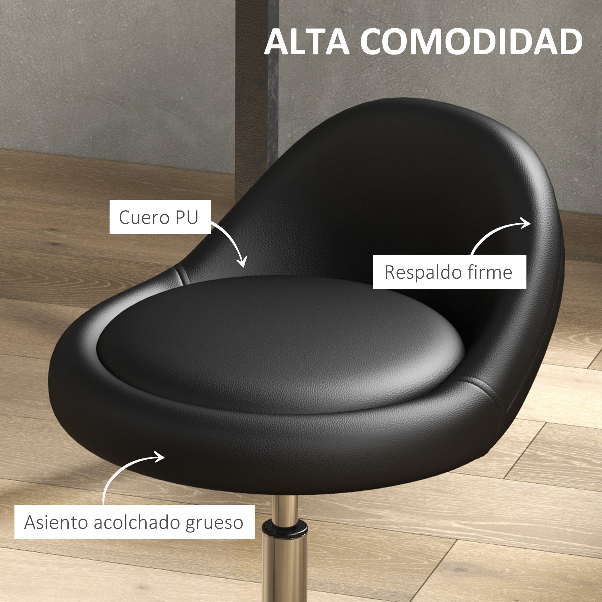 Taburete con Ruedas, Taburete Giratorio Cosmético con Altura Ajustable, Cuero Sintético, Asiento Acolchado y Amplio, para Dentista y Peluquería, Carga 120 kg, Ø50x63-83 cm, Negro