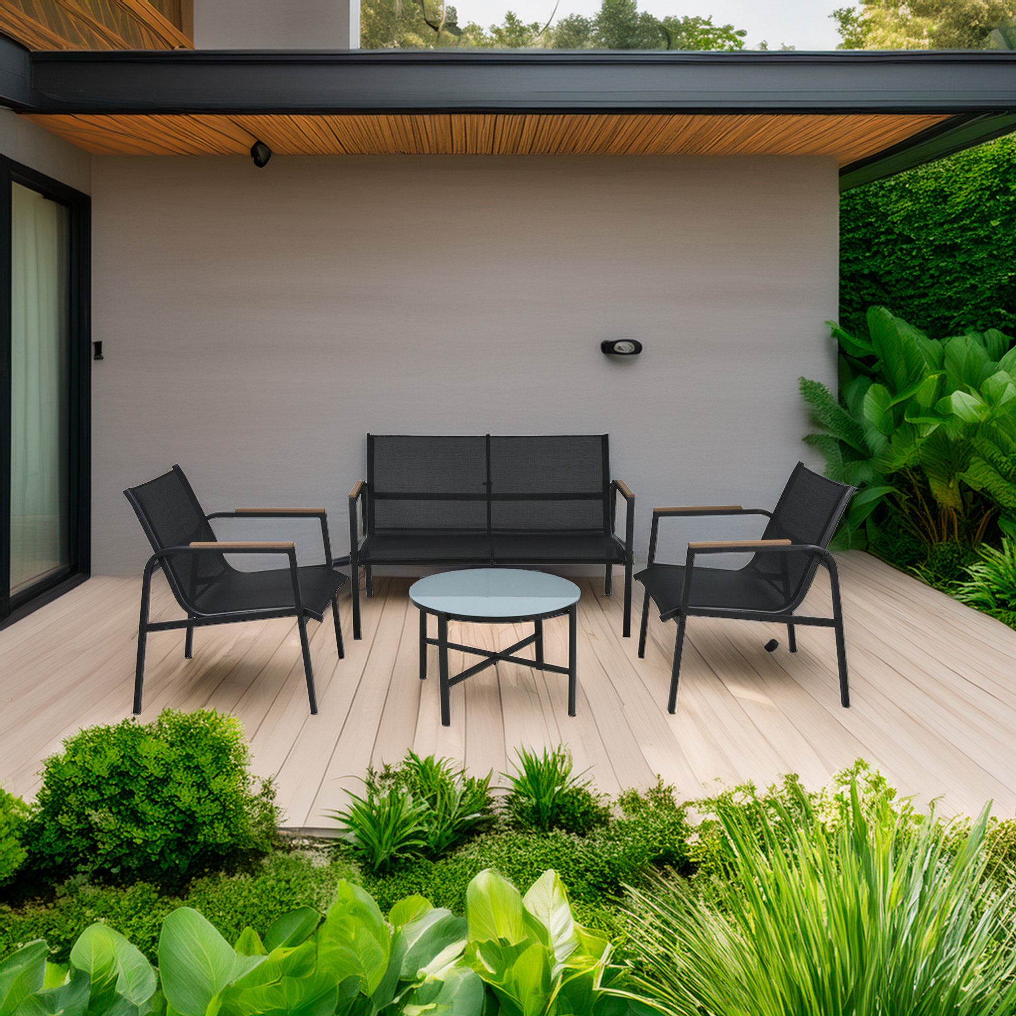 Well Home Conjunto de Muebles de Jardín de 4 Piezas de diseño en acero galvanizado y vidrio acabado de Mármol