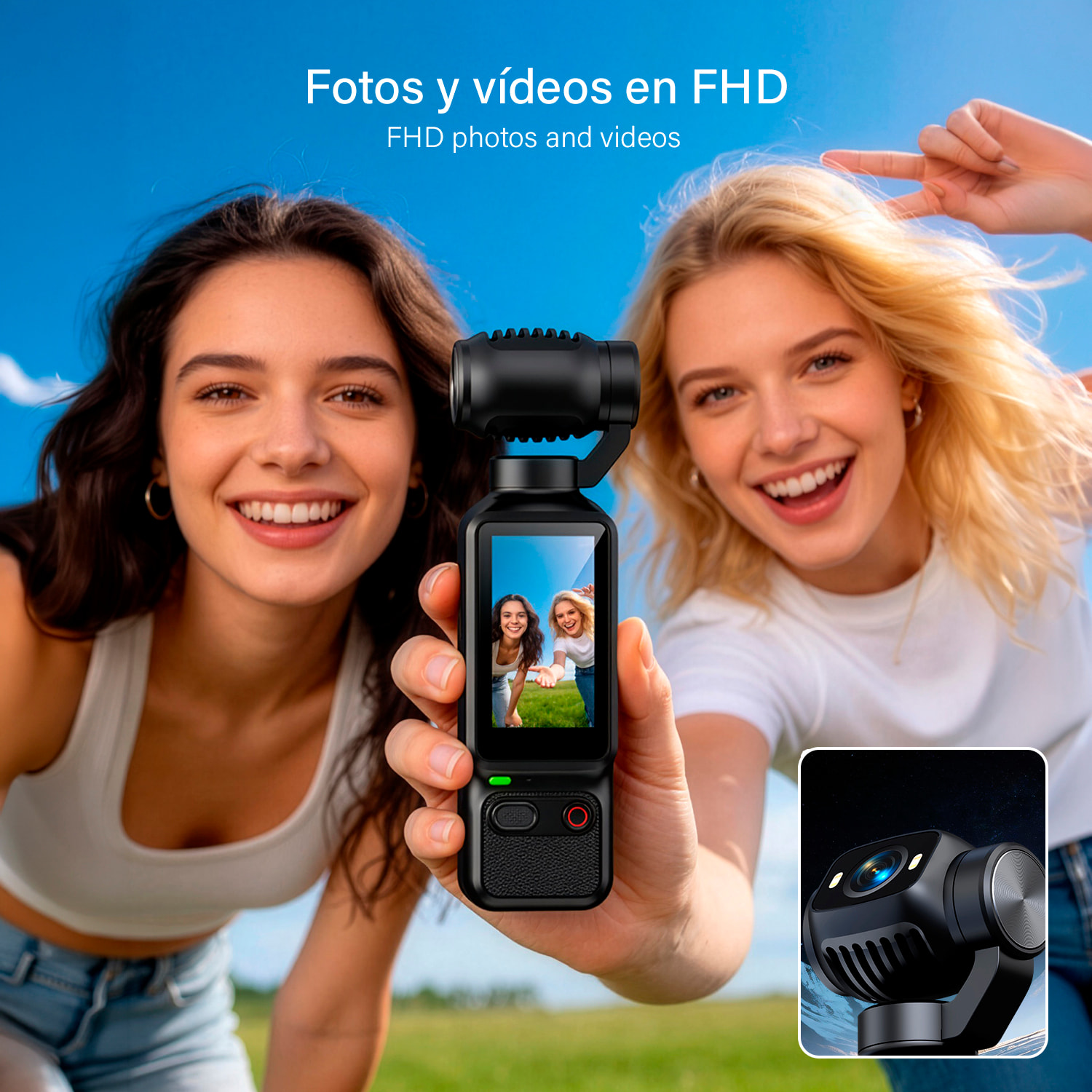 Cámara deportiva LK-032 de 48MPX con giro 180°, pantalla HD 1,97” ideal para fotos y vídeos en FHD, con grabación en ciclo y linterna. Incluye trípode y lanyard de muñeca.