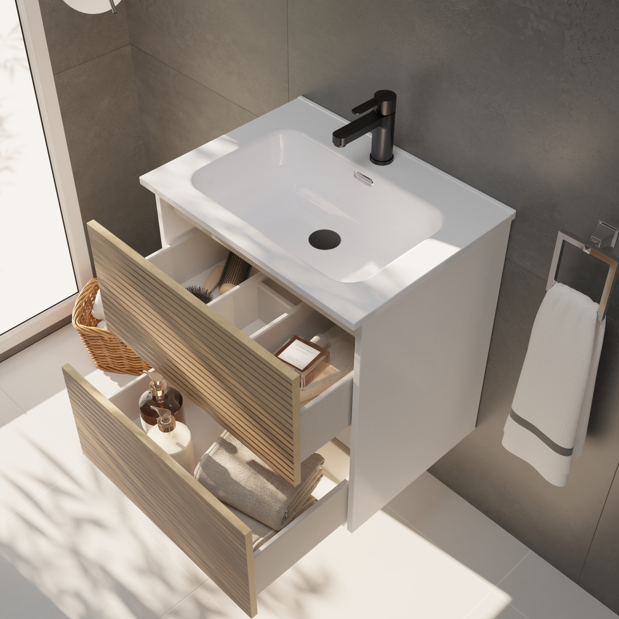 Conjunto de Baño Yinu | 60 cm Blanco - Solomon | Dos Cajones | Lavabo Encastrado | No incluye Espejo | Alday