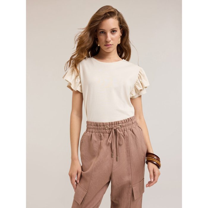 Motivi - T-shirt con maniche a volant - Beige