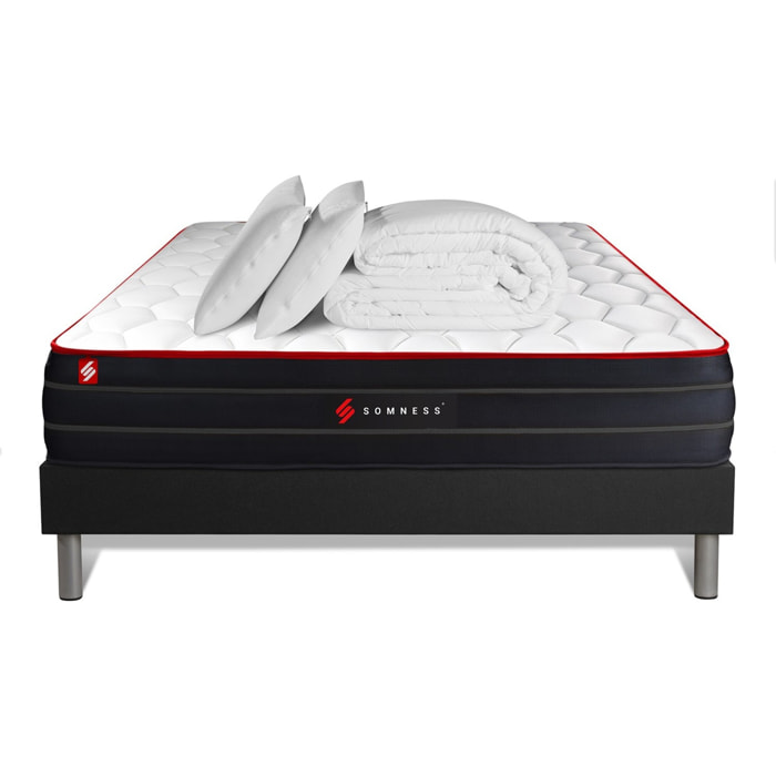 Pack prêt à dormir matelas BOOST ressorts ensachés et mémoire de forme + sommier kit noir + Couette + 2 oreillers