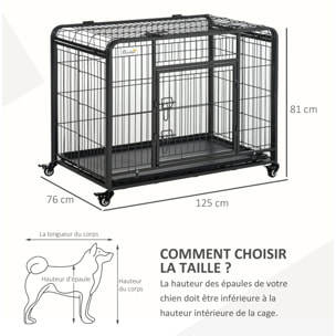 Cage chiens pliable sur roulettes 2 portes verrouillables métal gris noir