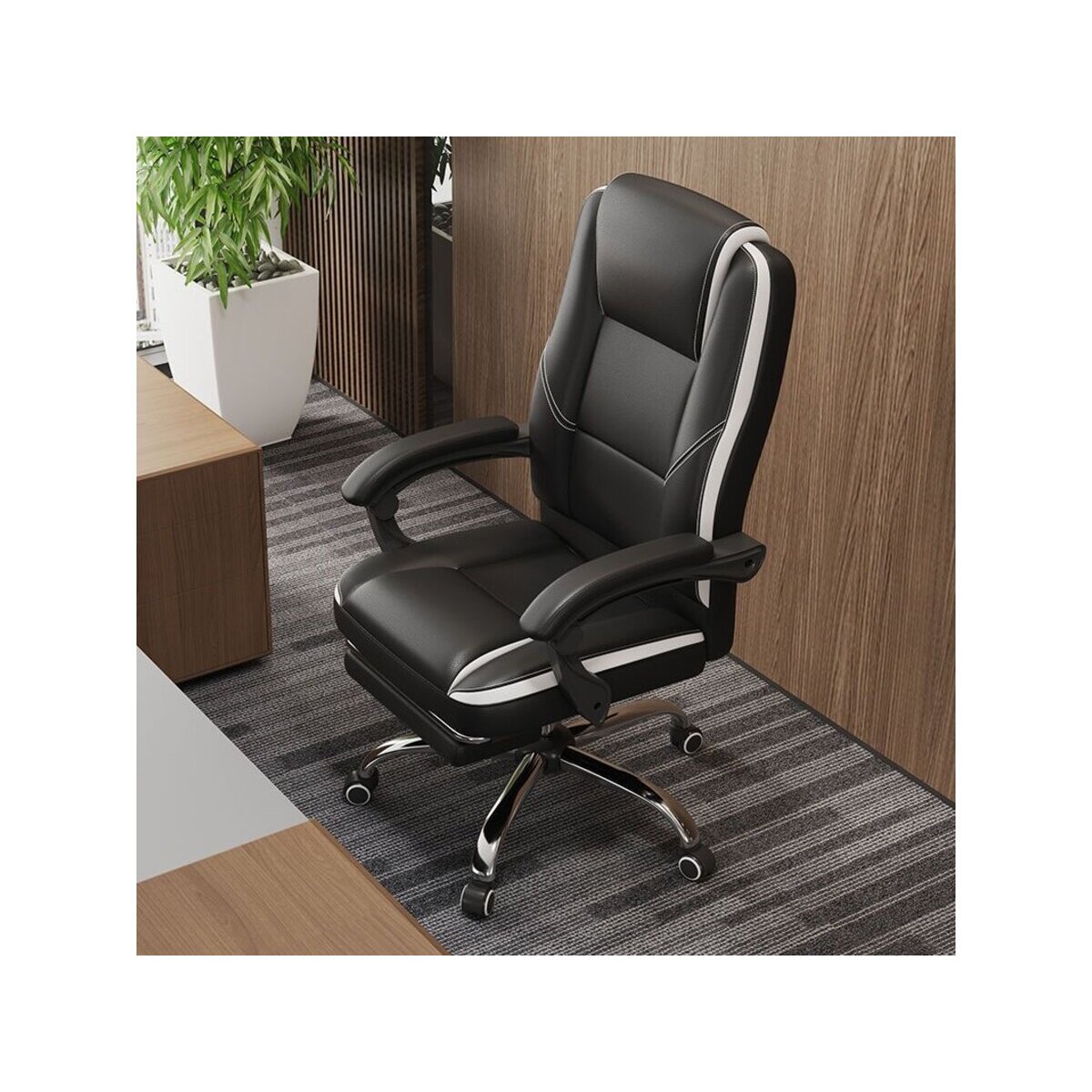 Fauteuil de bureau en simili avec repose pieds "Maissa" - Blanc/Noir