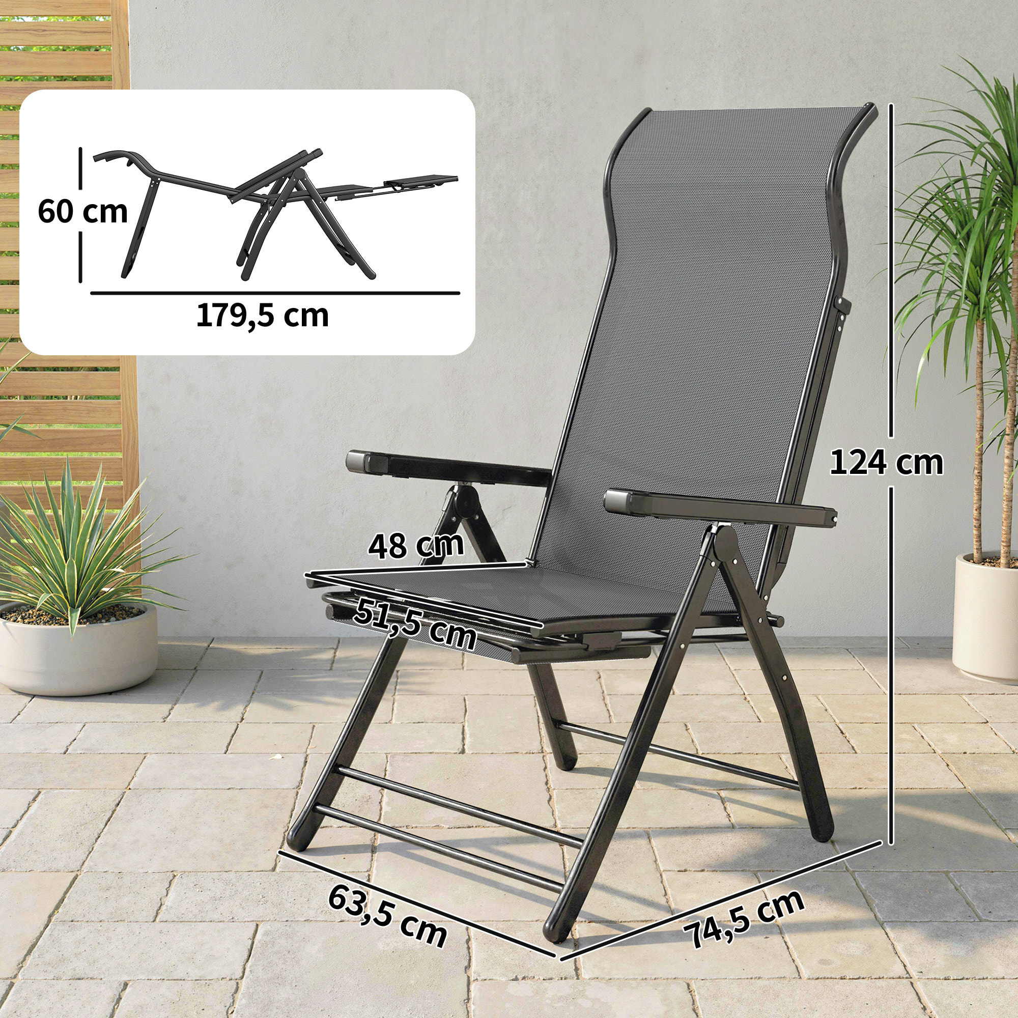 Pack de 2 Sillas Plegables Reclinables, Sillas de Jardín Exterior con Respaldo Alto Curva Ajustable en 5 Posiciones, Reposapiés Retráctil y Marco de Metal, para Patio, Playa, Gris Oscuro