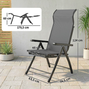 Pack de 2 Sillas Plegables Reclinables, Sillas de Jardín Exterior con Respaldo Alto Curva Ajustable en 5 Posiciones, Reposapiés Retráctil y Marco de Metal, para Patio, Playa, Gris Oscuro