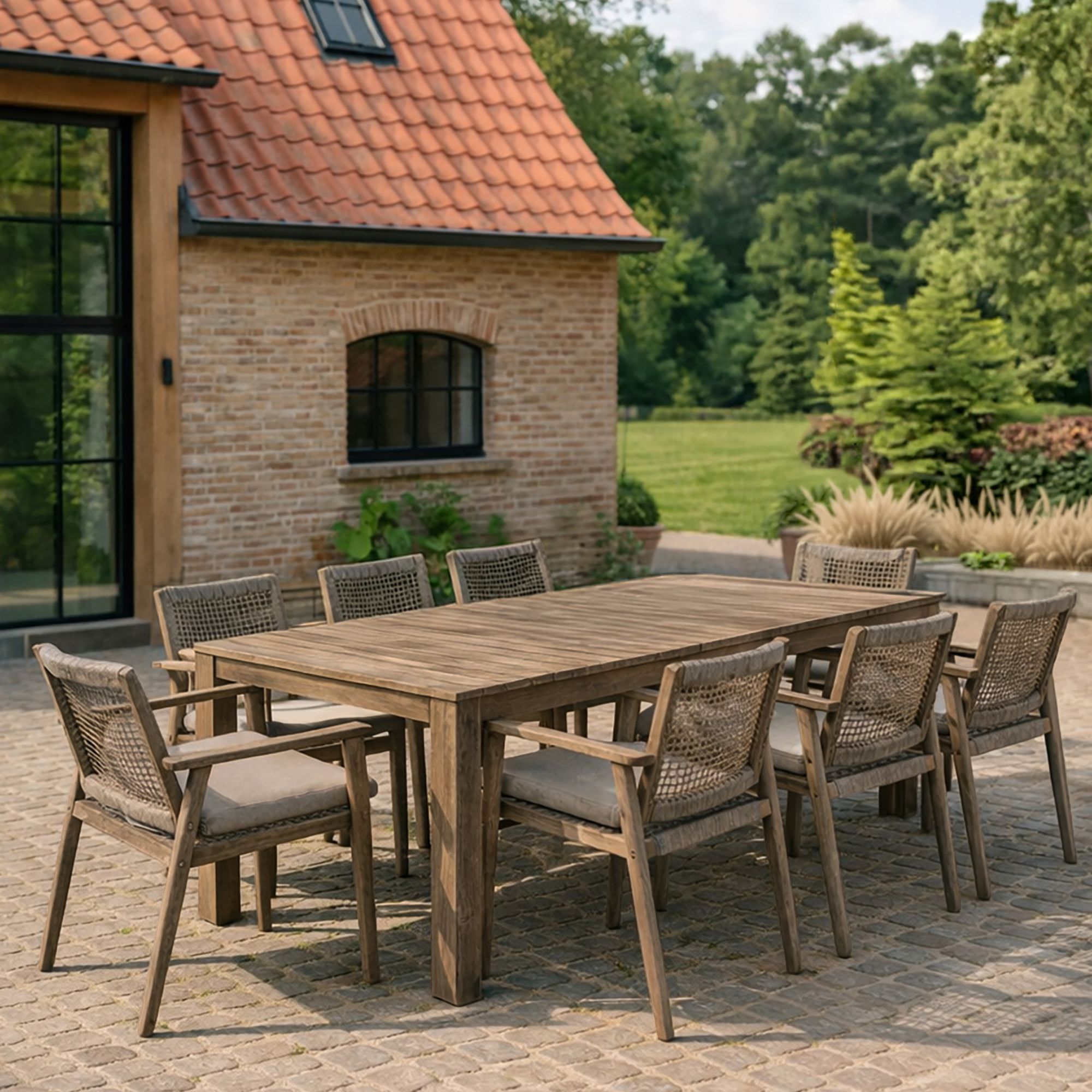 Ensemble table et 8 fauteuils de jardin en bois d'acacia et corde EDEN