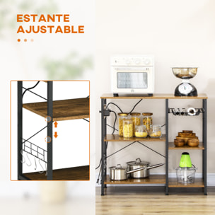 Estantería de Cocina Industrial Estante de Cocina con Toma de Corriente Estantes Ajustables Ganchos y Cesta Metálica 90x40x83 cm Marrón Rústico