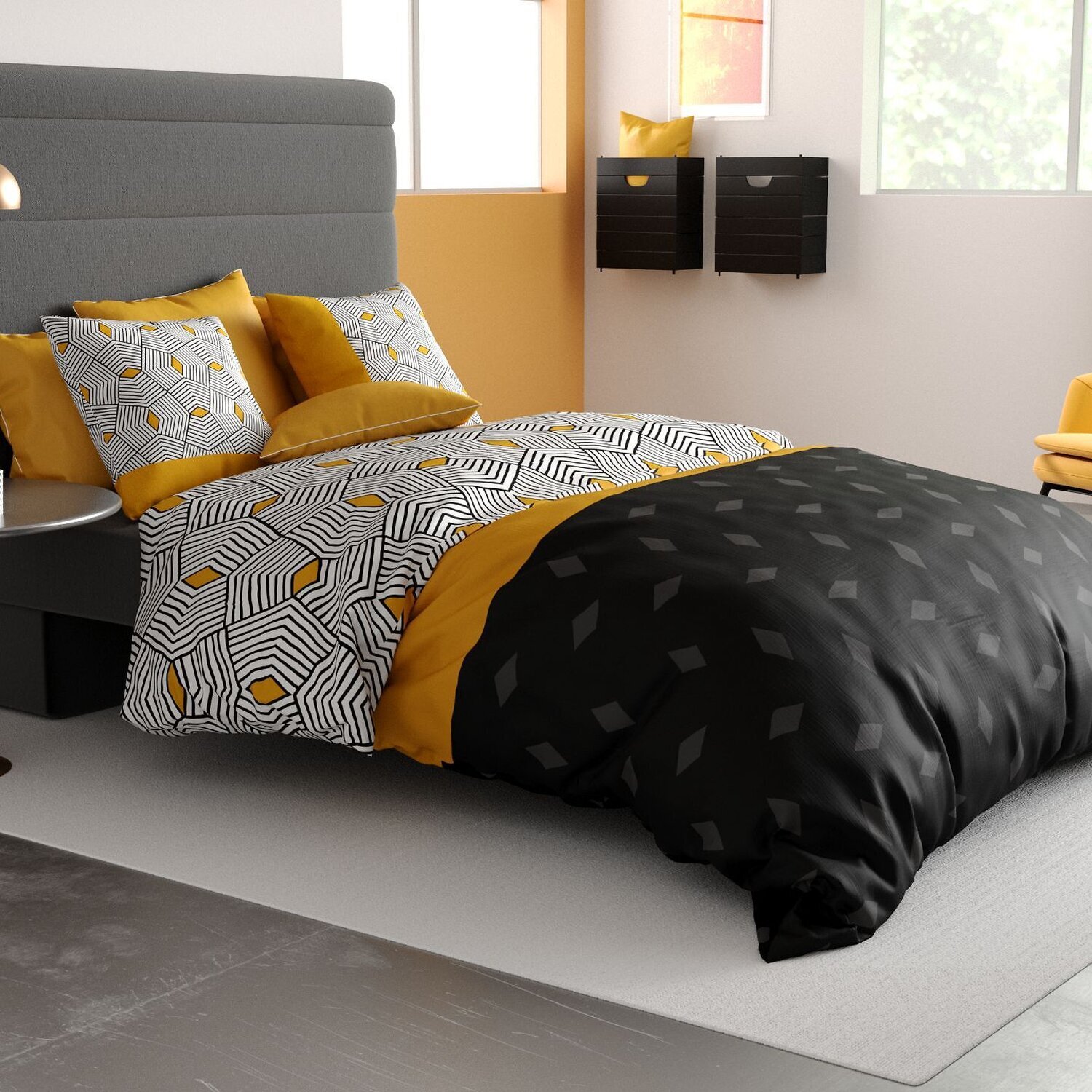 Parure housse de couette imprimé 100% coton - faro - noir