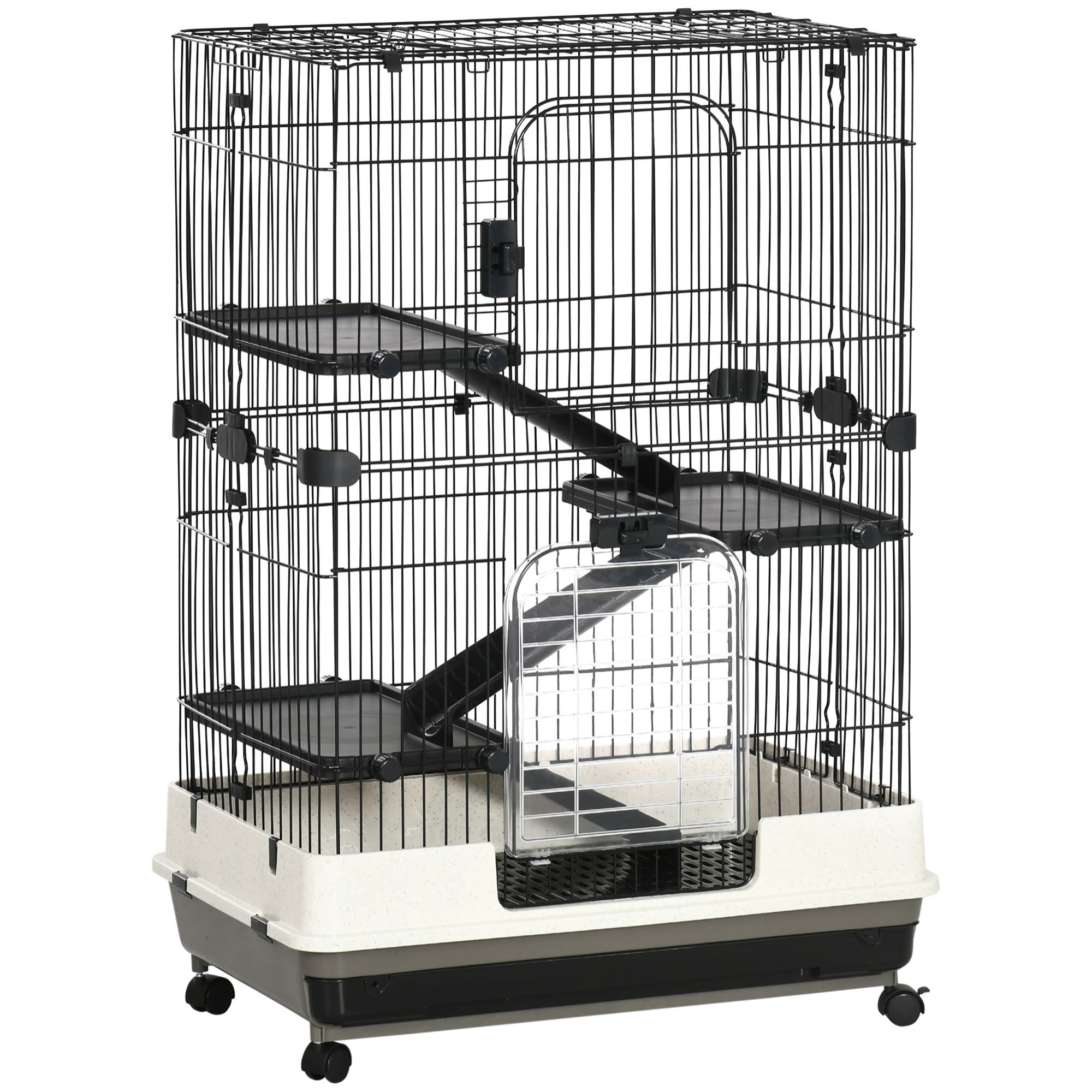 PawHut Cage pour cochons d'Inde chinchilla rongeur sur roulettes - 3 étages, rampes, 2 portes + trappe, plateau excrément amovible - métal PP noir gris