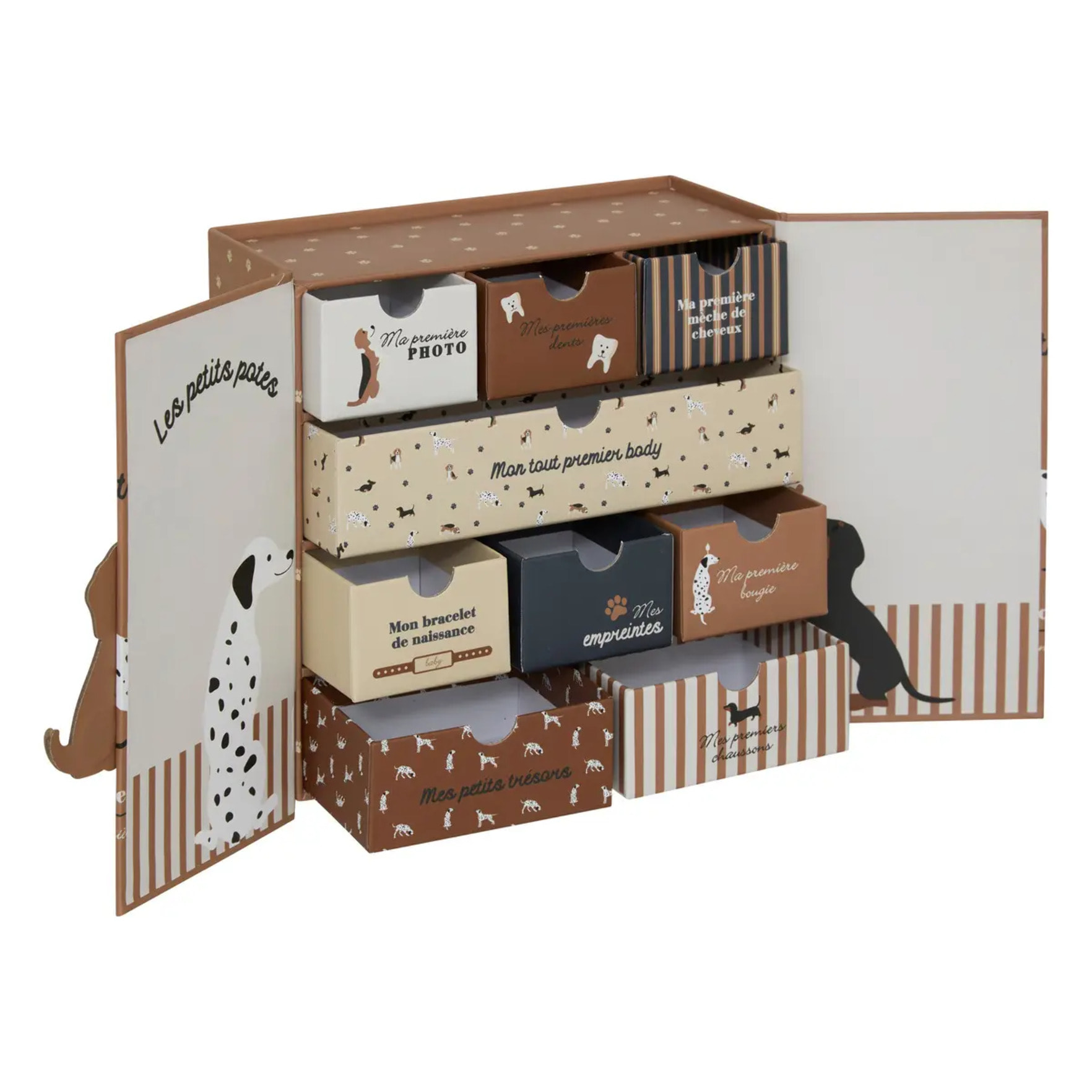 Coffret de naissance souvenirs chien 9 tiroirs beige
