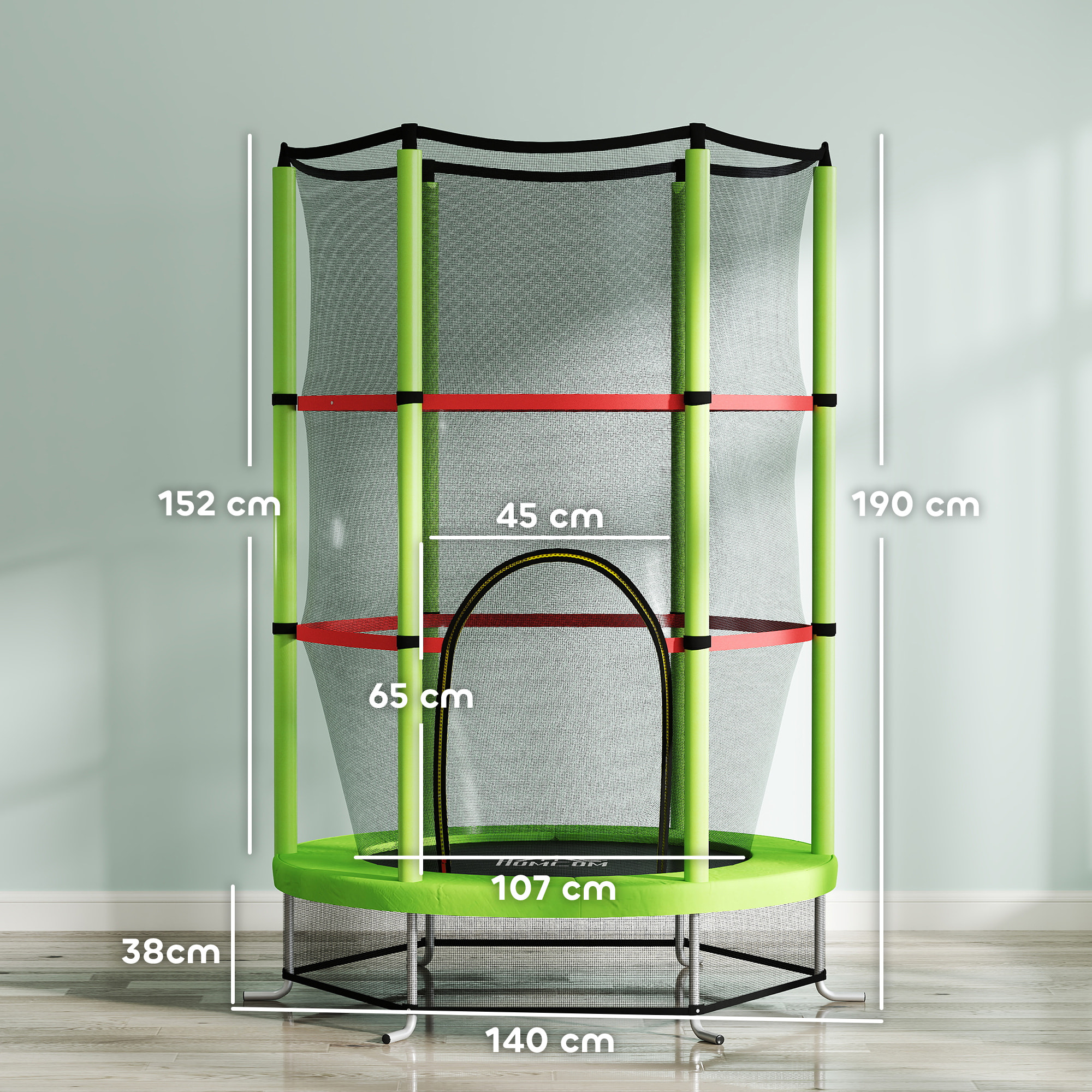 Cama Elástica Infantil Ø140x190 cm Trampolín para Niños de 3-6 Años con Red de Seguridad Carga 45 kg para Interior Verde