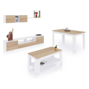 Pack salón con mesa de centro y mesa de comedor Kenzo Max V1A Blanco Artik (Blanco Mate) - Roble Canadian