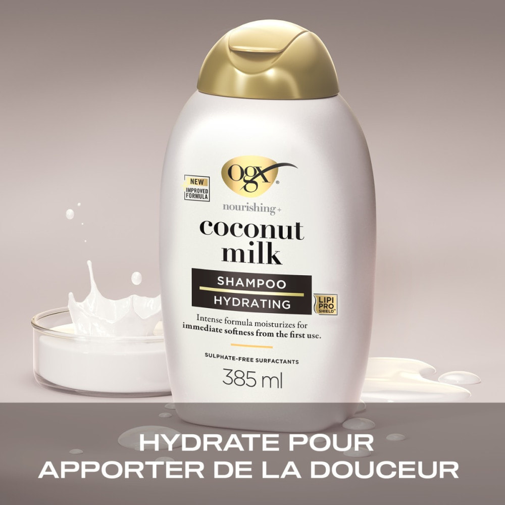 OGX Shampooing Nourrissant Lait de Coco, 385ml – Soin capillaire hydratant pour cheveux secs – Shampoing sans sulfate pour une