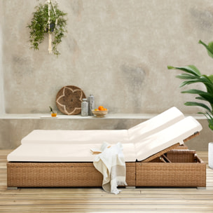 Lot de 2 bains de soleil résine tressée. coussins polyester beige. multi positions