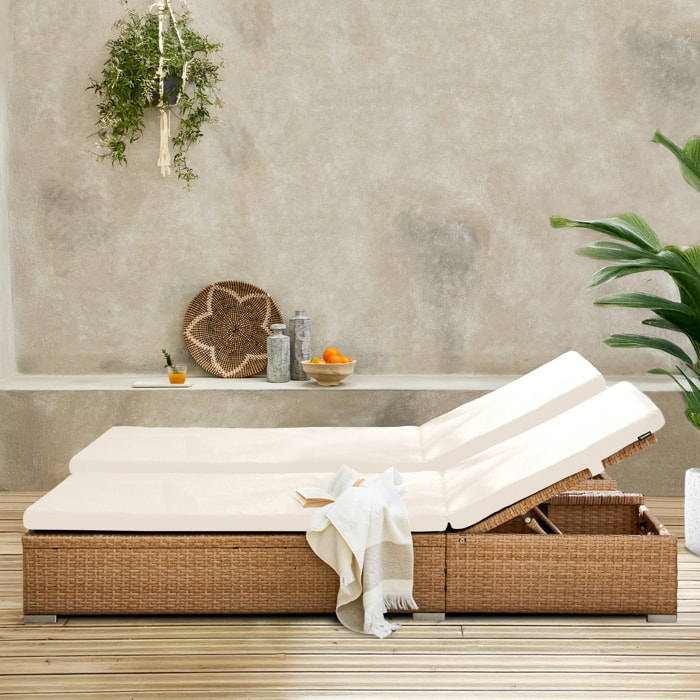 Lot de 2 bains de soleil résine tressée. coussins polyester beige. multi positions