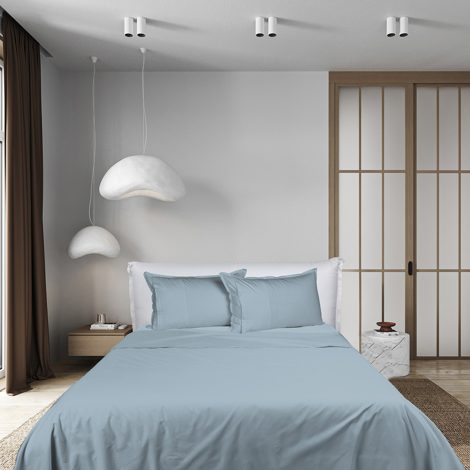 UNO CASA DESIGN Completo Lenzuola in Puro Cotone Garment Washed_No-Stiro_matrimoniale_azzurro