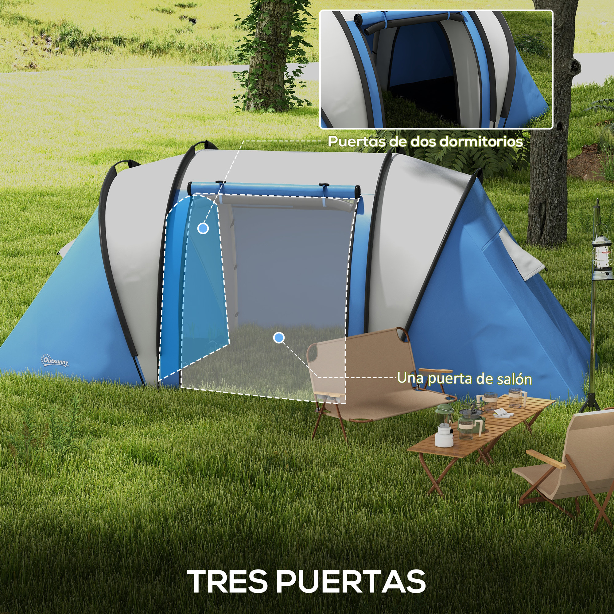 Tienda de Campaña Familiar para 4-5 Personas Tienda de Acampada de Túnel Impermeable 3000 mm con 2 Dormitorios Bolsa de Transporte y Gancho para Pescar Senderismo Azul