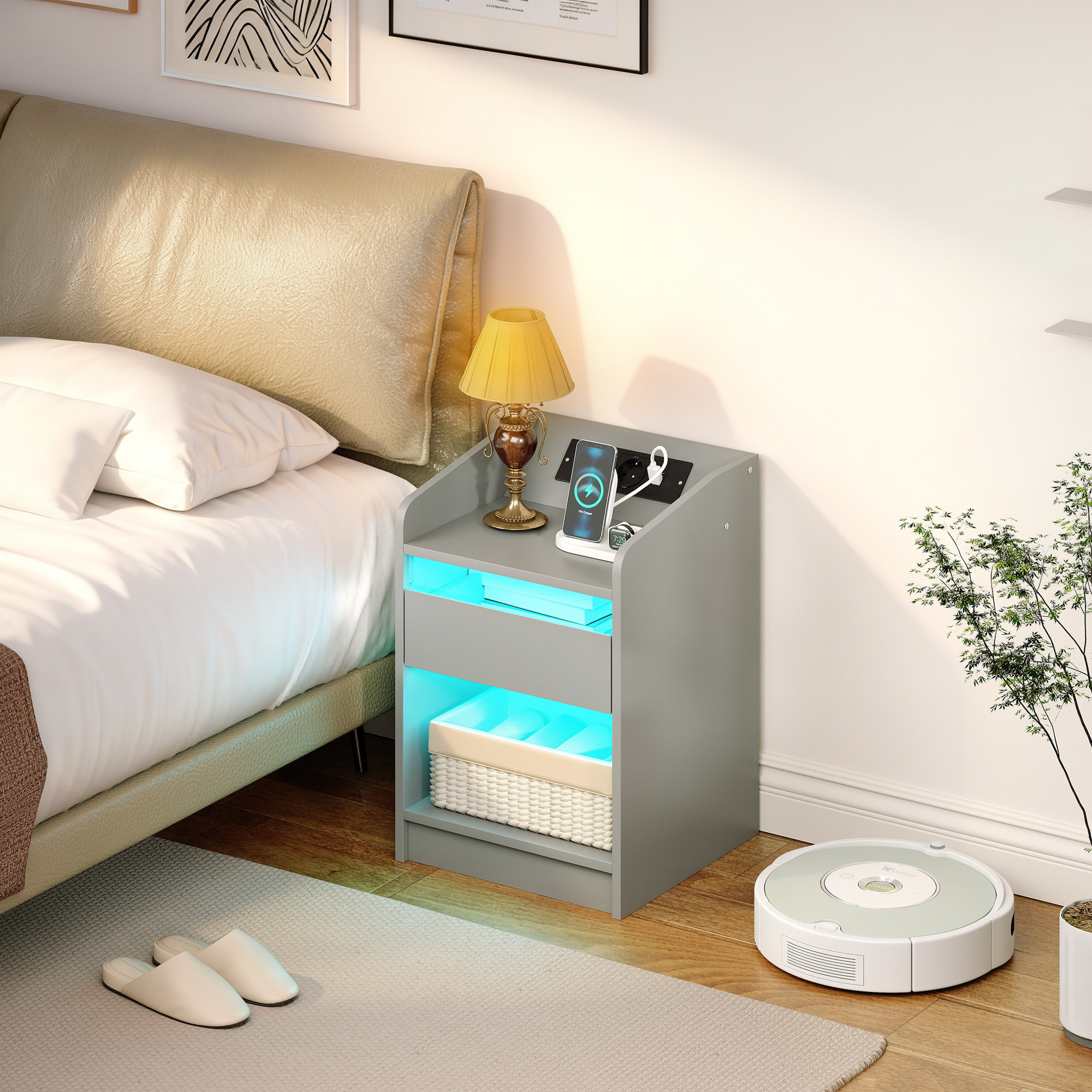 Mesita de Noche con Estación de Carga y Luz LED RGB, Mesilla de Noche Dormitorio con Cajón, Estante Abierto, Puertos USB y Control Remoto, para Salón, Estudio, 40x40x58 cm, Gris