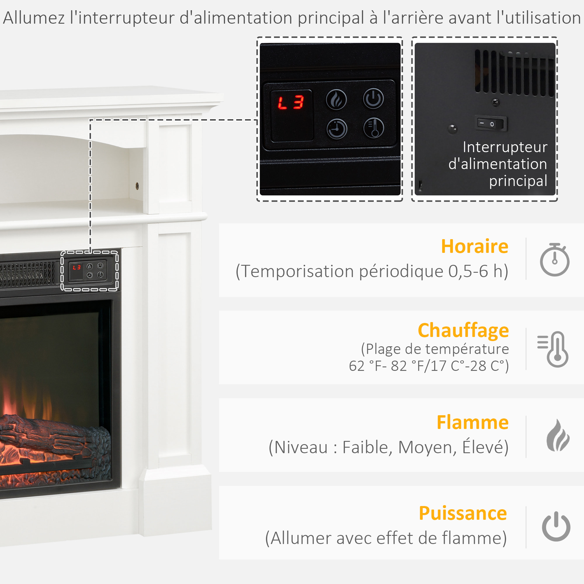 Cheminée électrique XL style classique chic 1800 W  effet flammes LED minuterie température luminosité réglables télécommande fournie blanc