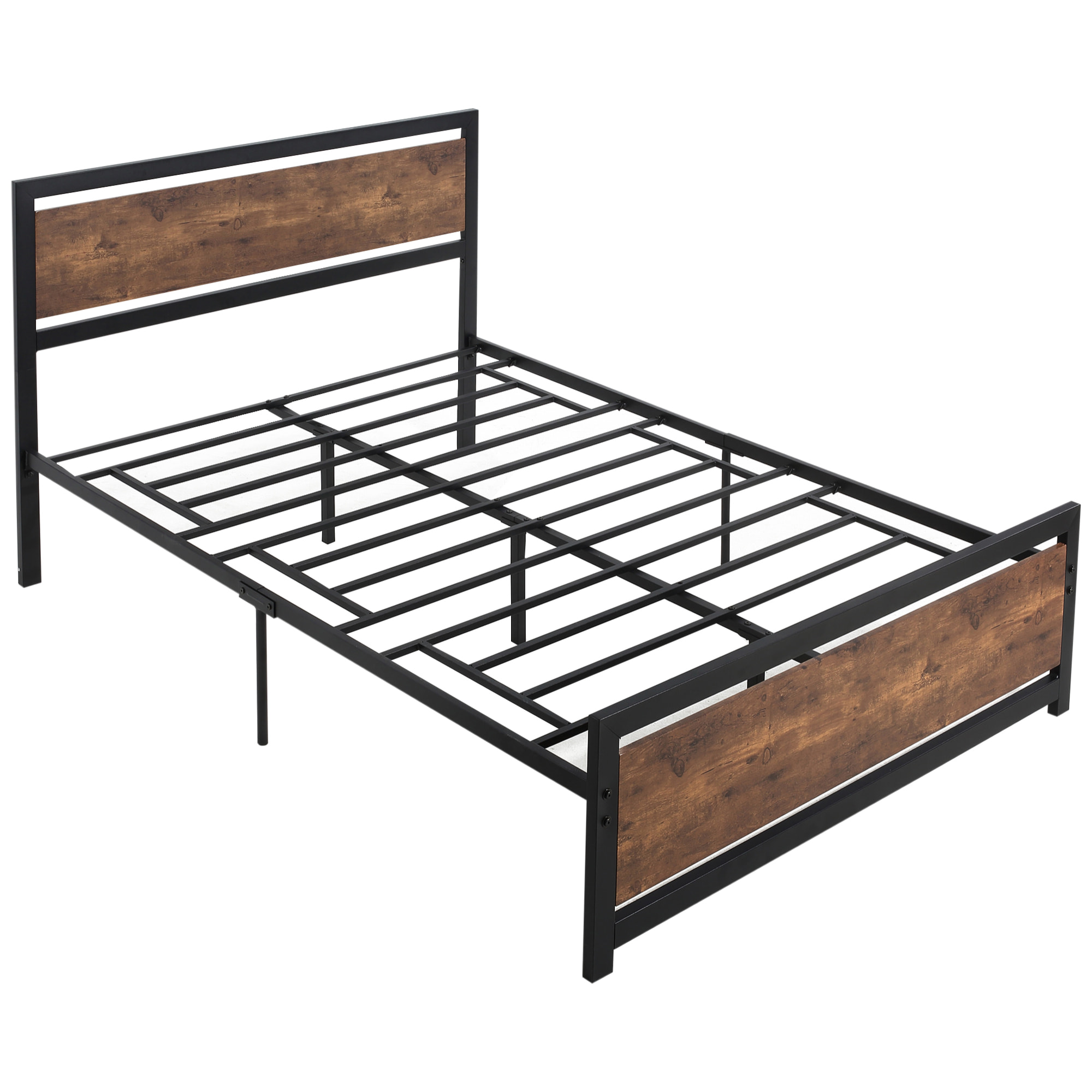 Lit double design industriel - tête de lit, pied de lit et sommier - dim. 195L x 144l x 103H cm - compatible matelas 190L x 140l cm - acier noir MDF aspect bois avec veinage