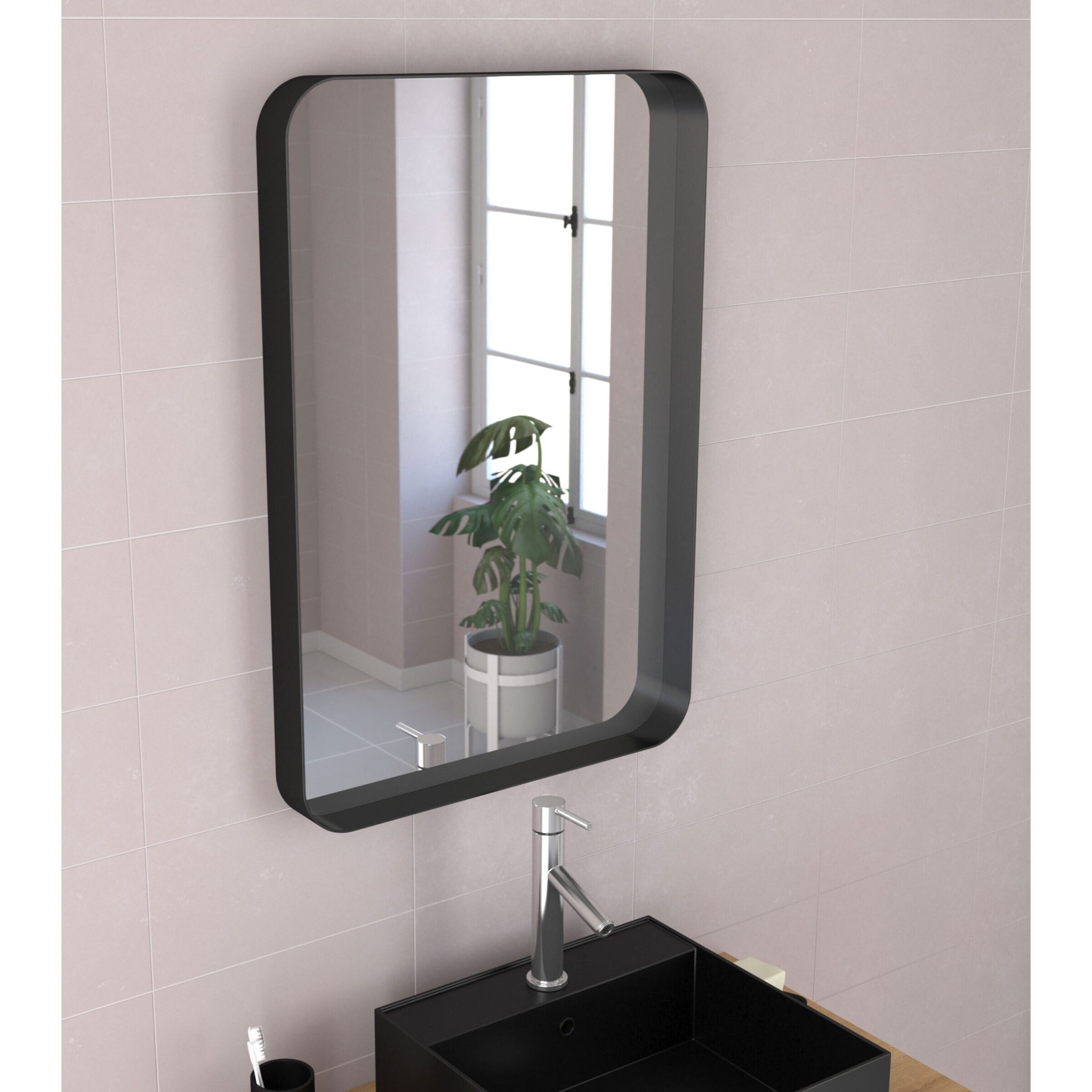 Meuble Salle de Bains 80 cm, Vasque Carrée et Miroir - Chêne naturel et Noir Mat - UBY