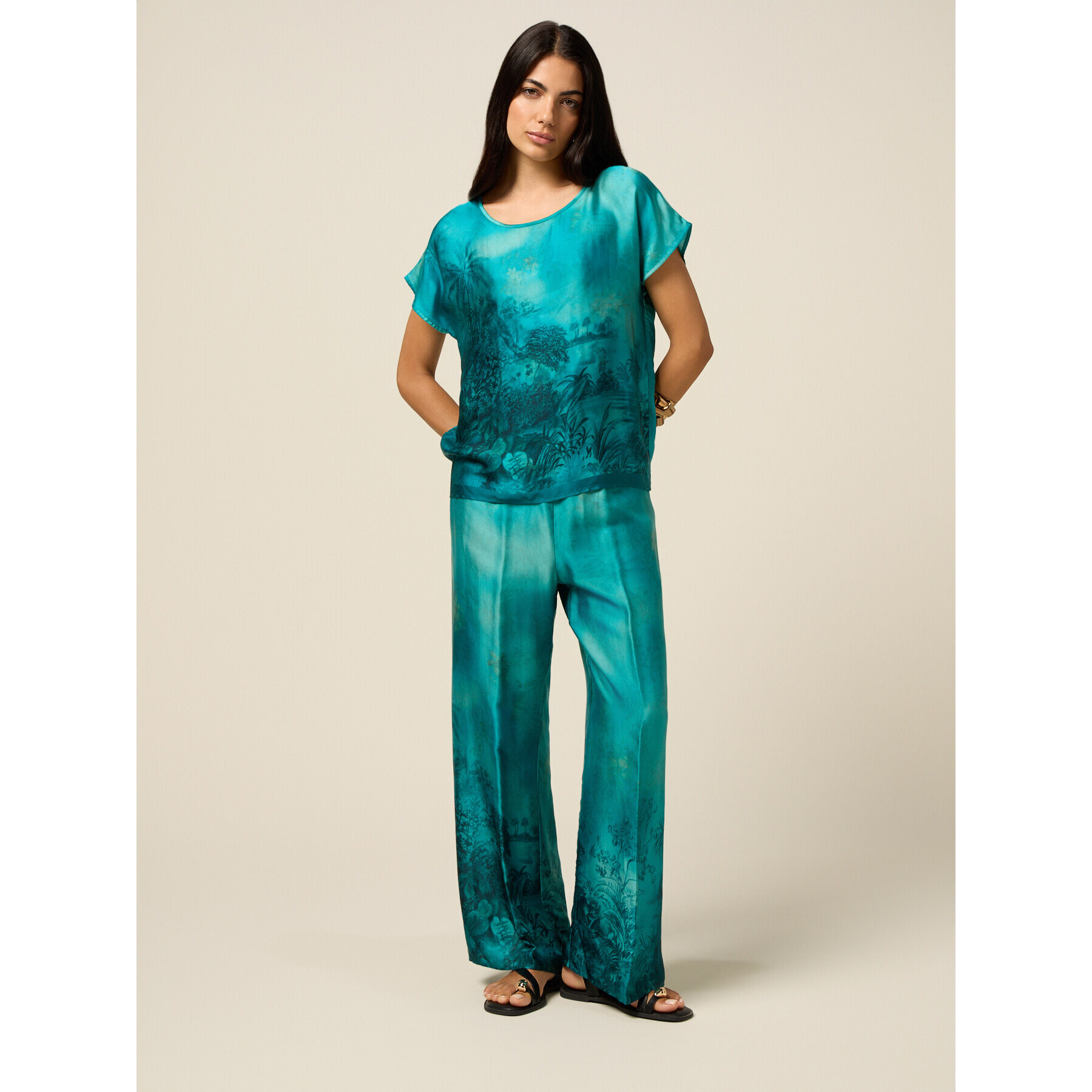 Oltre - Pantalones palazzo de satén estampado - Light - blue