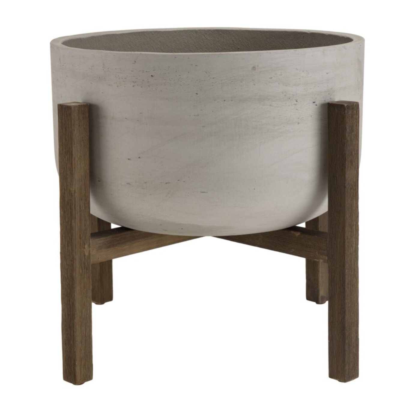 HECTOR - Pot de fleur rond en béton sur pieds en acacia marron