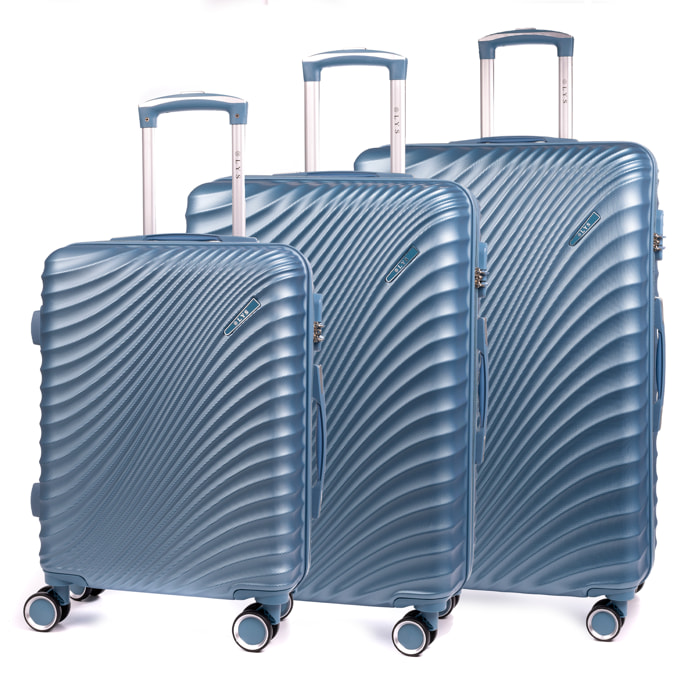 Set di 3 valigie Trolley in materiale ABS leggero e ad alta resistenza. Blocco numerico, 4 ruote girevoli a 360°.