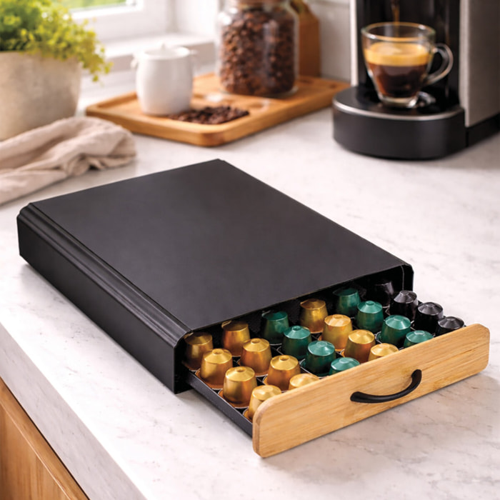 Tiroir de rangement pour capsules Nespresso Design industriel Bambou & Acier ELIE Noir mat MSV