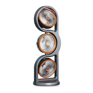Ventilador de sobremesa F17. Con 3 ventiladores independientes, 5 velocidades por unidad y giro 360° vertical y horizontal. Incluye iluminación con 3 niveles de intensidad.