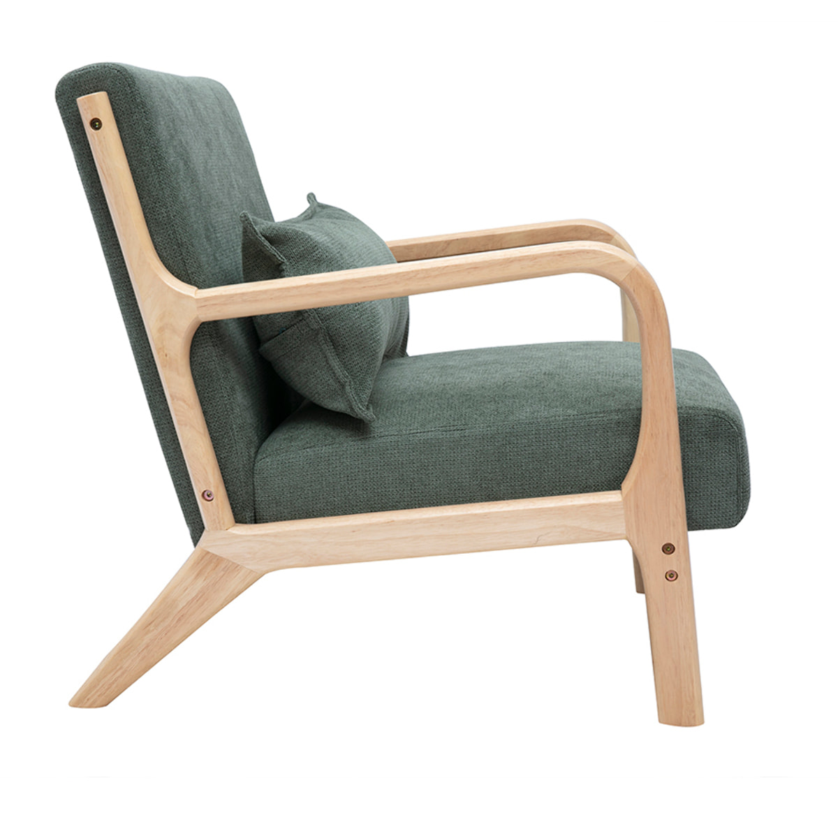 Fauteuil scandinave en tissu chenille vert kaki et bois clair massif DERRY