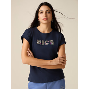 Oltre - T-shirt in cotone con patch gioiello - Blu