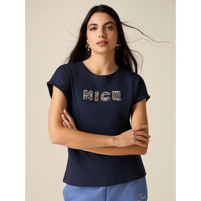 Oltre - T-shirt in cotone con patch gioiello - Blu