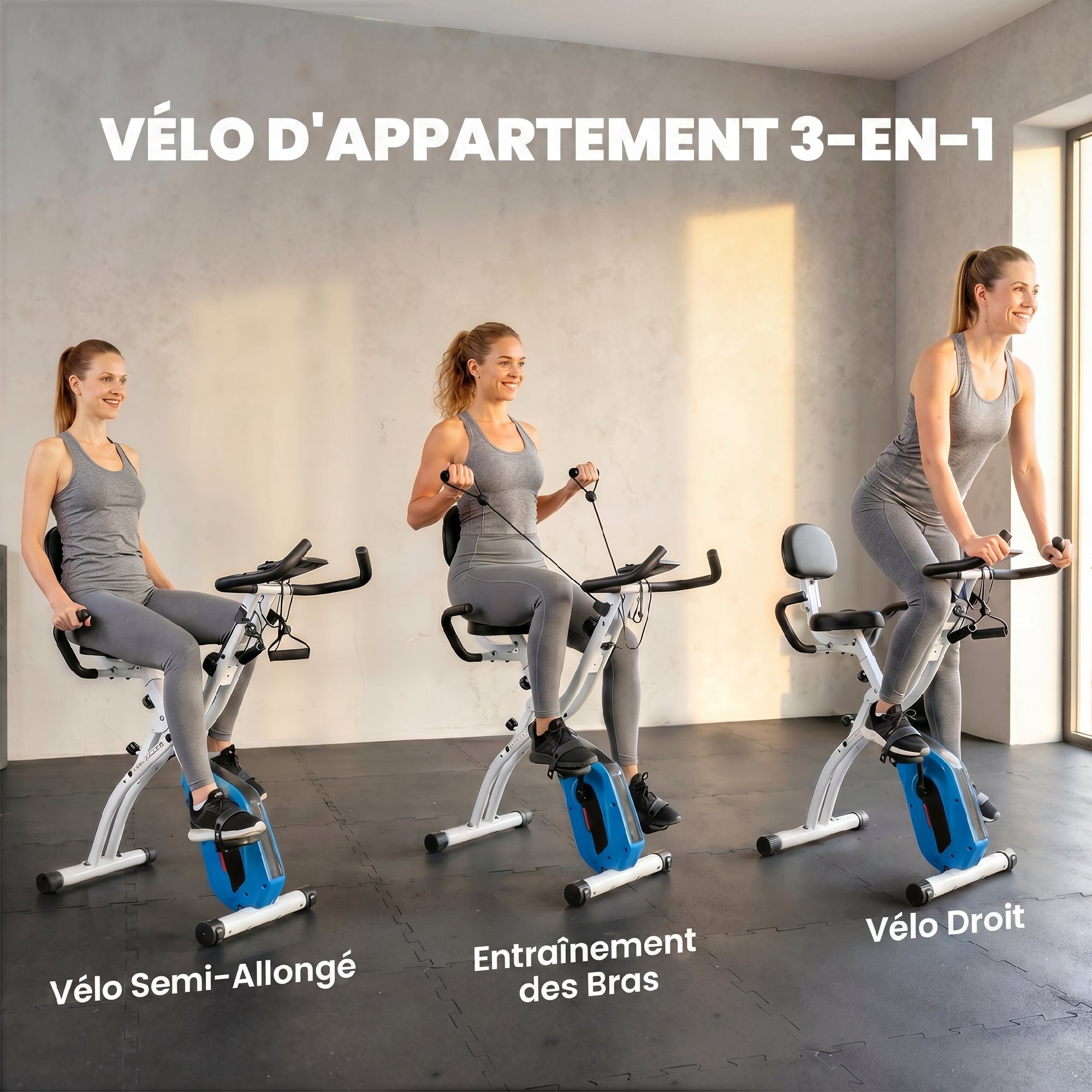 Vélo d'appartement pliable 3-en-1 classique semi-allongé bandes de résistance bleu