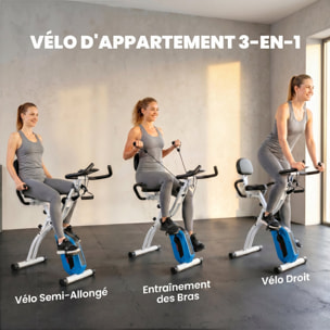 Vélo d'appartement pliable 3-en-1 classique semi-allongé bandes de résistance bleu
