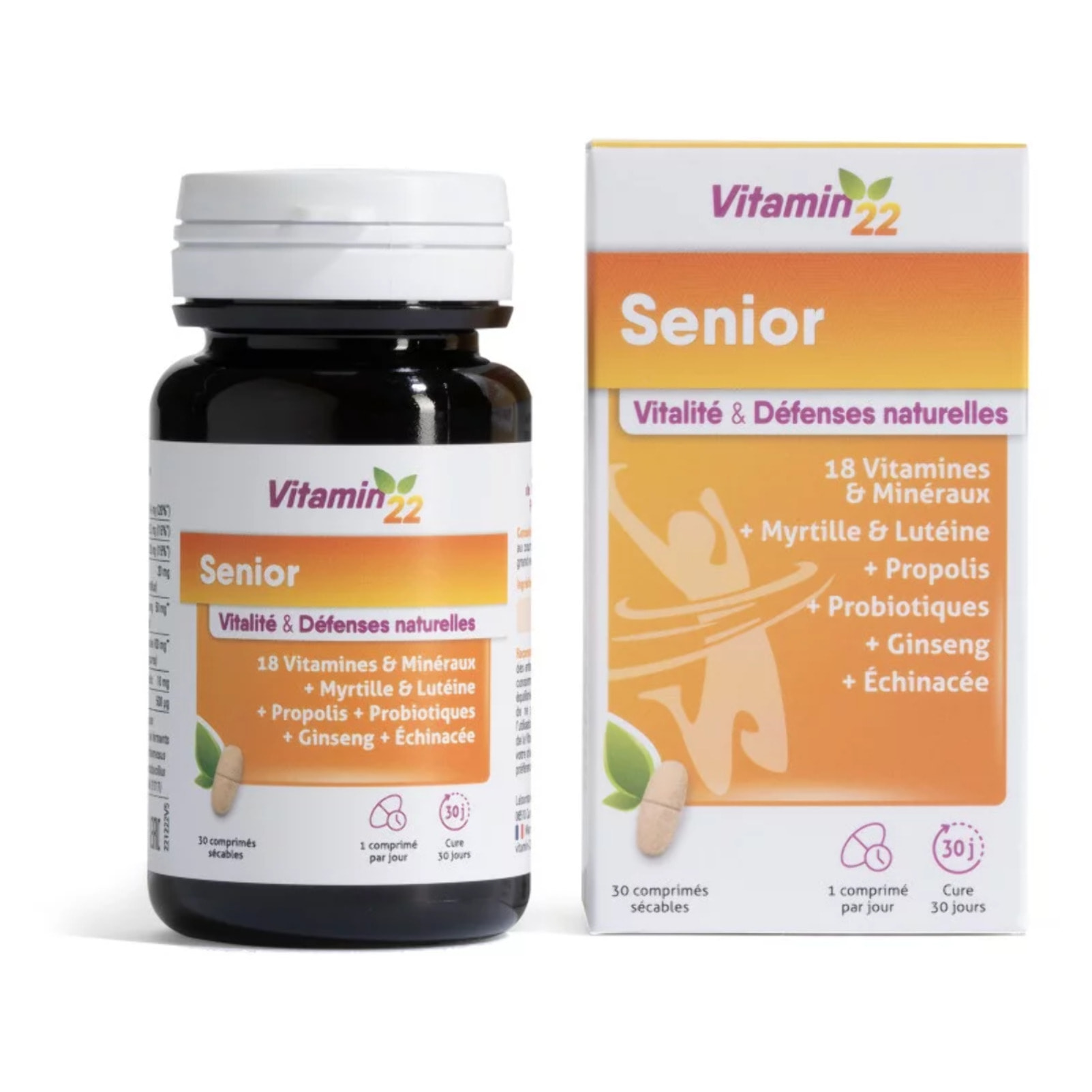 VITAMN' 22 - Senior - Soutient le capital osseux & le Confort Visuel - Vitalité, Tonus & Défenses Naturelles - Zinc, Fer, Propolis, Magnésium, Vitamines C, B et D3, Probiotiques, Lutéine, Ginseng & Échinacée - Cure 30j