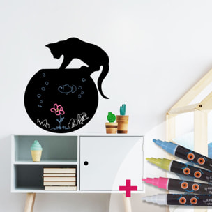 Sticker ardoise tableau noir - stickers muraux adhésif effaçable - CHATON SUR L'AQUARIUM + 4 CRAIES LIQUIDES