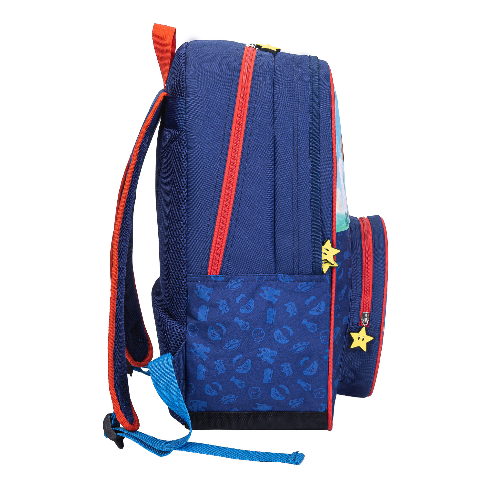 Super Mario Mochila. Bolsillo fontal redondo. Espaldera acolchada.