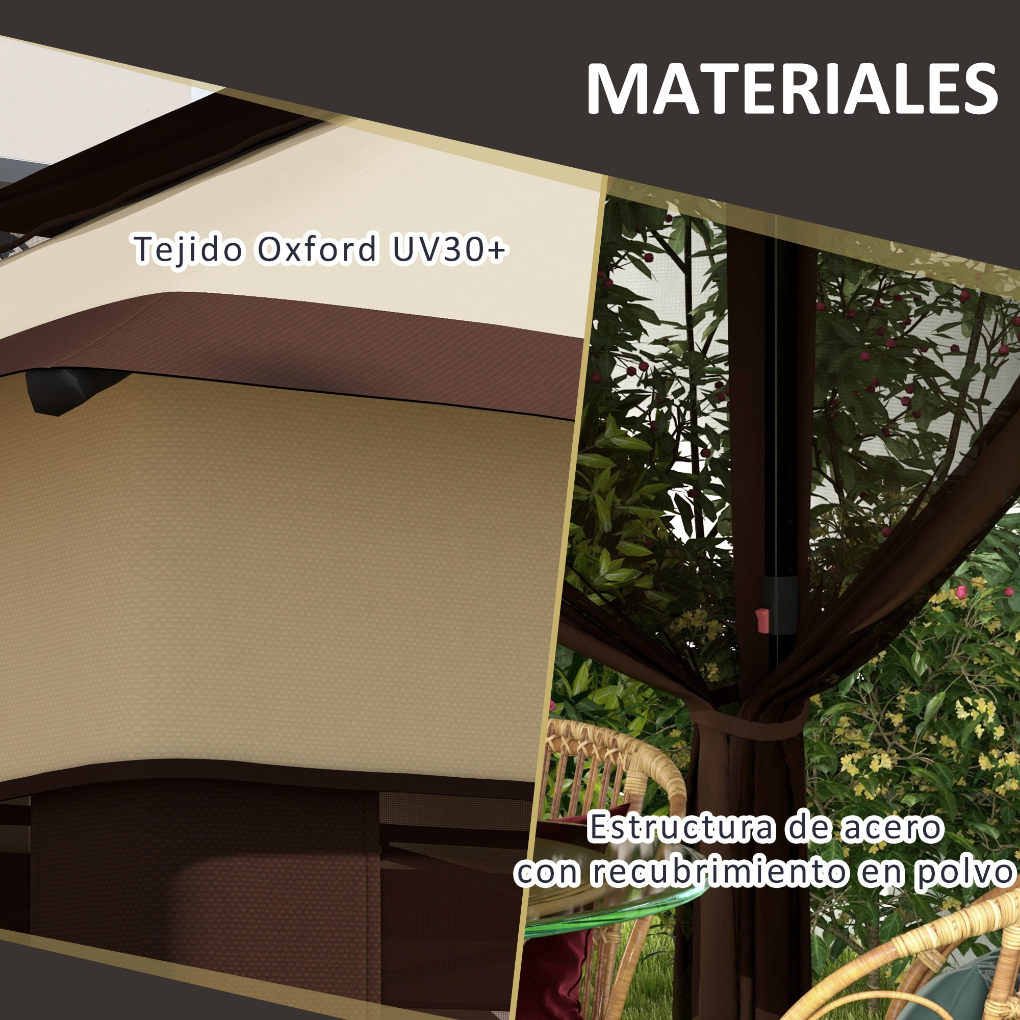 Carpa Plegable 3x3x2,7 m Cenador de Jardín con Doble Techo Altura Ajustable 4 Mosquiteras Protección UV30+ Impermeable y Bolsa Gazebo para Exterior Fiestas Camping Beige y Café