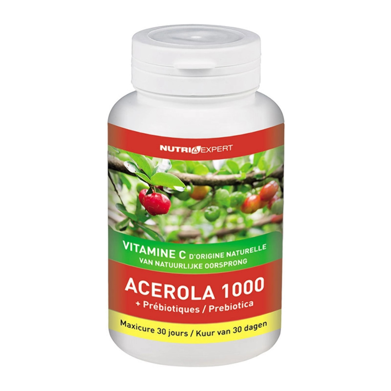 NUTRI EXPERT - Acérola 1000 - Vitamine C d'origine naturelle - Réduit la fatigue - Soutient l'immunité - Sans Gluten - Cure 30 jours