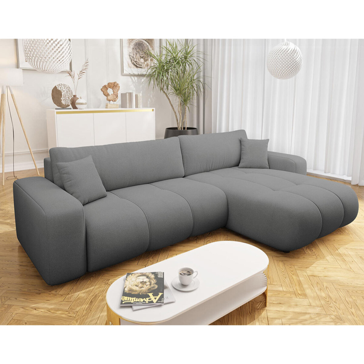 Nicole - Canapé d'angle réversible 5 places convertible avec coffre en tissu - Gris