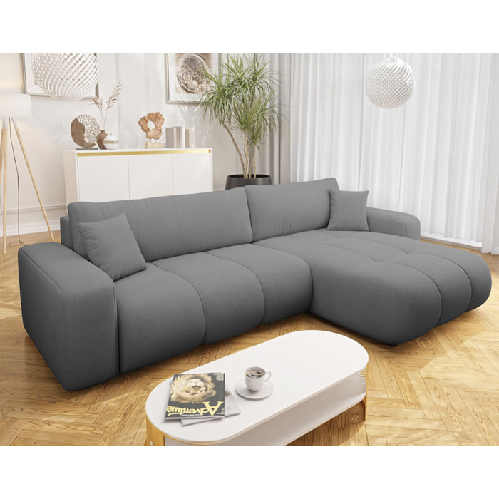 Nicole - Canapé d'angle réversible 5 places convertible avec coffre en tissu - Gris